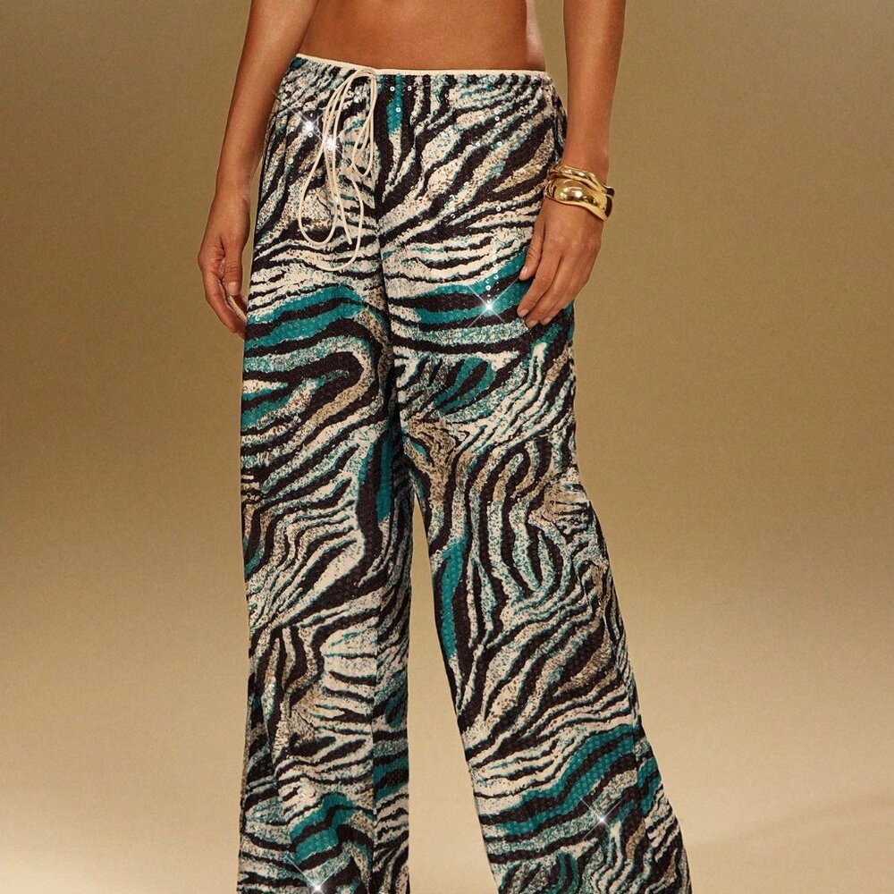 Multicolor Casual Women's Zebra Print Sequin Straight Leg Pull On Pants - Picture 4 of 5